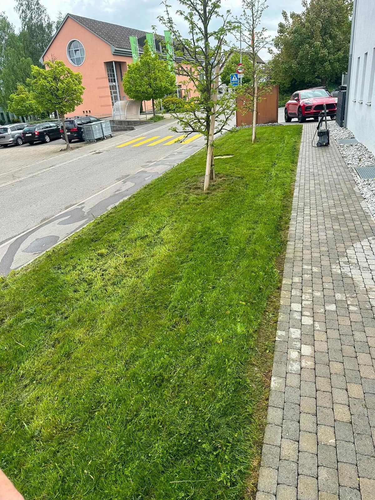 Gepflegte Umgebung einer Liegenschaft mit Rasen und Gehweg